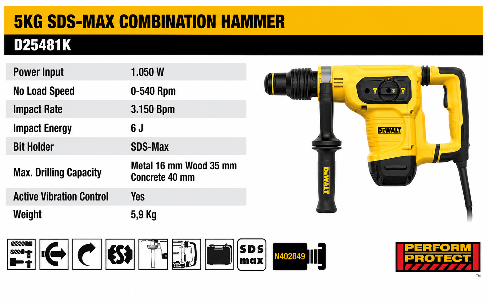 DEWALT D25481K-B1 SDS-MAX Combination Hammer 40mm 5Kg - Image 2