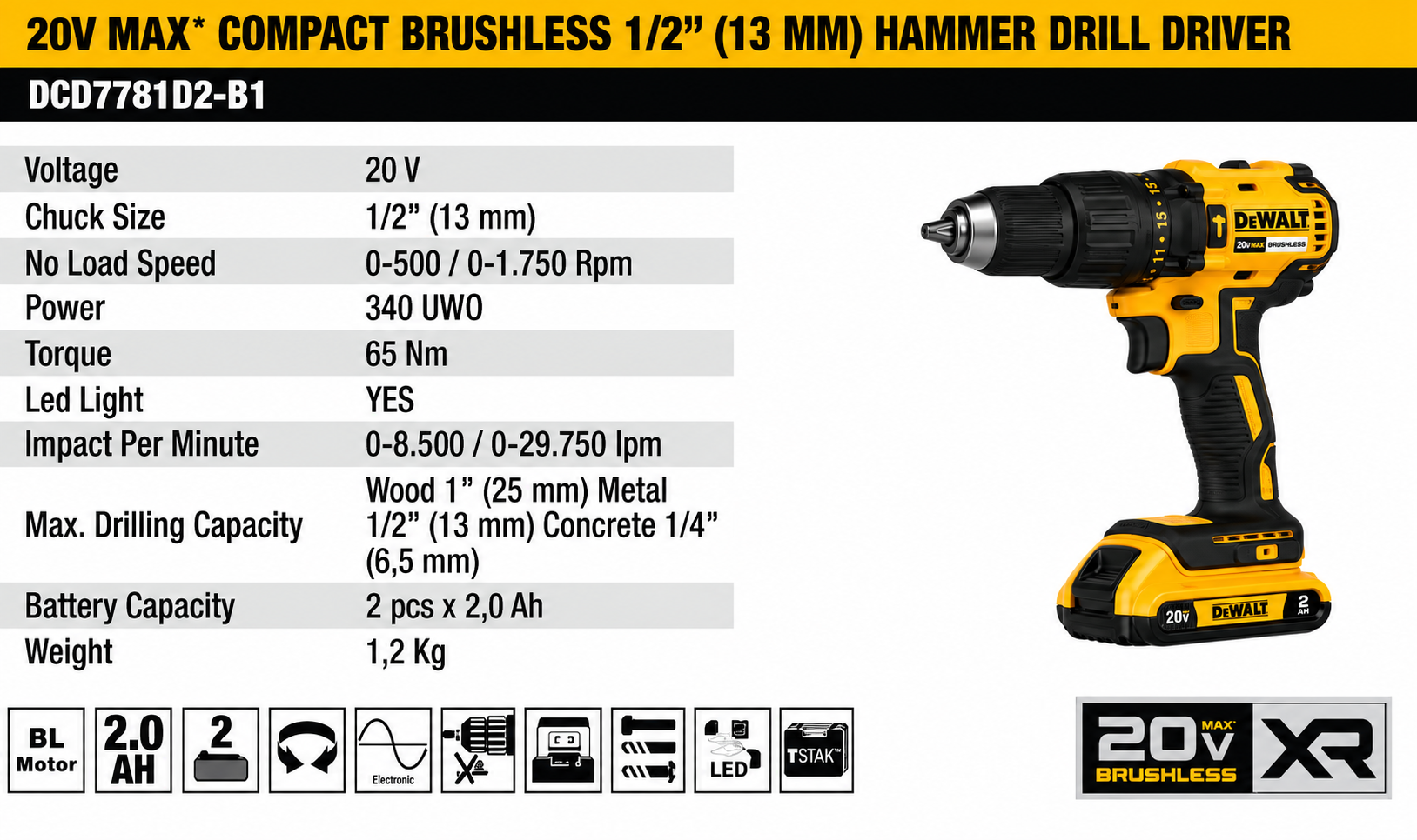 DeWALT Cordless Impact Drill 20V DCD7781D2-B1 - Image 2