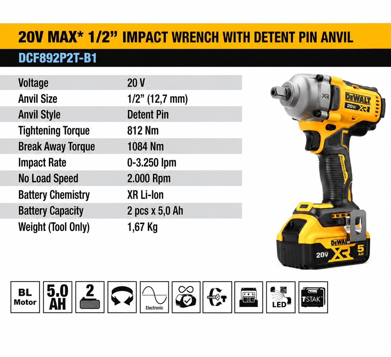 DEWALT DCF892P2T-B1 Cordless Impact Wrench 1/2" 20V XR Brushless - Image 2