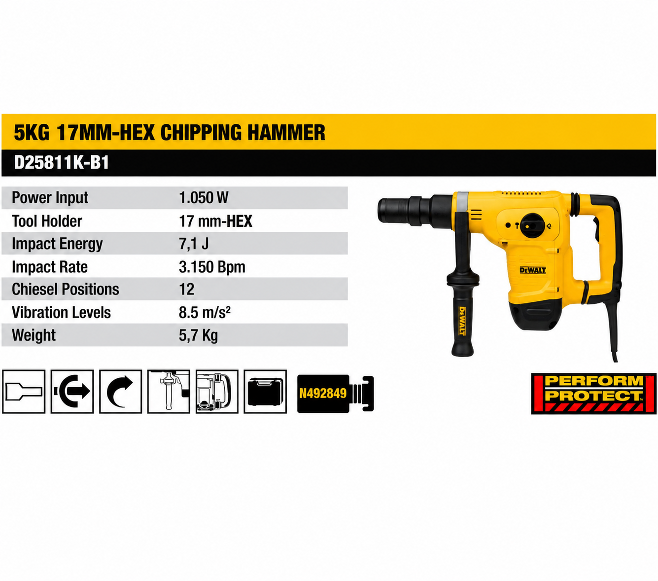 DEWALT Demolition Hammer 5KG 1050W D25811K-B1 - Image 2