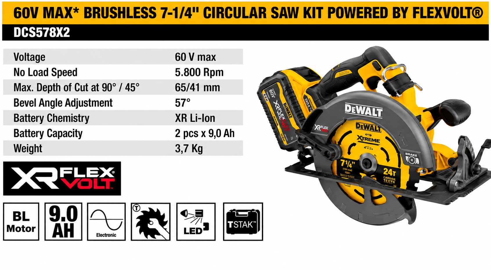 DEWALT DCS578X2 60V MAX* Brushless 7-1/4" Circular Saw Kit XR FLEXVOLT® - Image 2