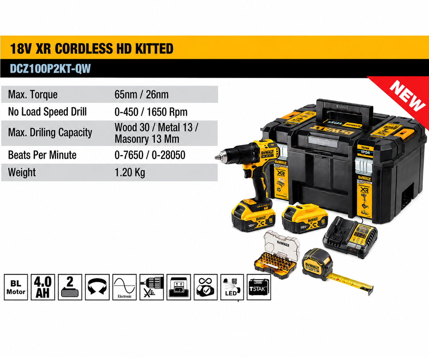 DEWALT DCZ100P2KT-QW 18V XR Brushless Hammer Drill Driver Kit - Image 2