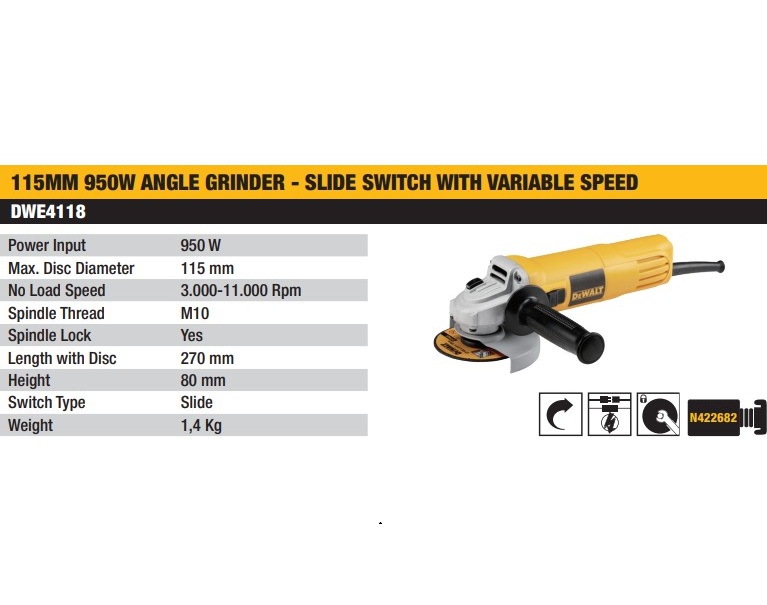 DEWALT DWE4118-B1 Variable Speed Angle Grinder 4" (100 mm) 950W - Image 2